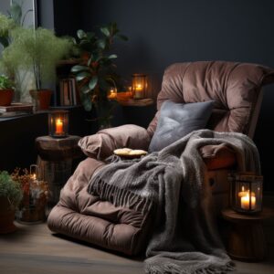 Brown recliner surrounded by candles and plants